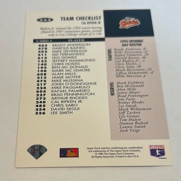 Collector’s Choice 1994 Upper Deck Company . Team Ckecklist Cal Ripken JR # 343 - Picture 6 of 8
